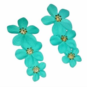 Big Aqua Blue Turquoise Triple Flower Blossom Earrings 3D Large Floral 3 Flowers